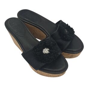 Coach Jazmin Black Cork Wedge Sandals Leather with Floral Accent 7B Open‎ Toe